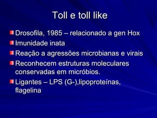 Toll e toll likeToll e toll like
Drosofila, 1985 – relacionado a gen HoxDrosofila, 1985 – relacionado a gen Hox
Imunidade inataImunidade inata
Reação a agressões microbianas e viraisReação a agressões microbianas e virais
Reconhecem estruturas molecularesReconhecem estruturas moleculares
conservadas em micróbios.conservadas em micróbios.
Ligantes – LPS (G-),lipoproteínas,Ligantes – LPS (G-),lipoproteínas,
flagelinaflagelina
 