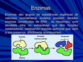 EnzimasEnzimas
Enzimas são grupos de substâncias orgânicas deEnzimas são grupos de substâncias orgânicas de
natureza normalmente proteica (existem tambémnatureza normalmente proteica (existem também
enzimas constituídas de RNA , as ribozimas), comenzimas constituídas de RNA , as ribozimas), com
atividade intra ou extracelular que têm funçõesatividade intra ou extracelular que têm funções
catalisadoras, catalisando reações químicas que, semcatalisadoras, catalisando reações químicas que, sem
a sua presença, dificilmente aconteceriam.a sua presença, dificilmente aconteceriam.
 