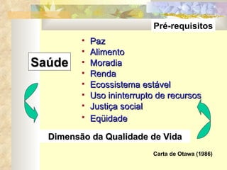 Paz Alimento Moradia Renda Ecossistema estável Uso ininterrupto de recursos Justiça social Eqüidade   Saúde Dimensão da Qualidade de Vida Pré-requisitos Carta de Otawa (1986) 