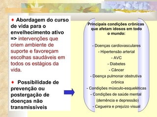 Abordagem do curso de vida para o envelhecimento ativo =>  intervenções que criem ambiente de suporte e favoreçam escolhas saudáveis em todos os estágios da vida. Possibilidade de prevenção ou postergação de doenças não transmissíveis Principais condições crônicas  que afetam idosos em todo o mundo: - Doenças cardiovasculares - Hipertensão arterial - AVC - Diabetes - Câncer - Doença pulmonar obstrutiva  crônica - Condições músculo-esqueléticas - Condições de saúde mental  (demência e depressão) - Cegueira e prejuízo visual 