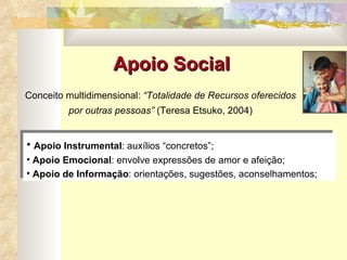 Apoio Social Conceito multidimensional:  “Totalidade de Recursos oferecidos por outras pessoas”  (Teresa Etsuko, 2004) Apoio Instrumental : auxílios “concretos”;  Apoio Emocional : envolve expressões de amor e afeição;  Apoio de Informação : orientações, sugestões, aconselhamentos; 