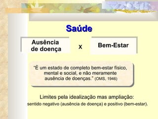 Saúde “ É um estado de completo bem-estar físico,  mental e social, e não meramente  ausência de doenças.”  (OMS, 1946) Limites pela idealização mas ampliação:  sentido negativo (ausência de doença) e positivo (bem-estar). Ausência  de doença Bem-Estar X  