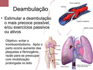 Deambulação
• Estimular a deambulação
o mais precoce possível,
e/ou exercícios passivos
ou ativos
Objetivo: evitar o
tromboembolismo. Após o
parto ocorre aumento das
plaquetas e fibrinogênio,
razão para se preocupar
com imobilização
prolongada no leito
 