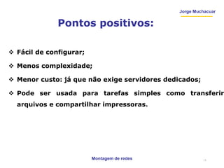 Montagem de redes
Jorge Muchacuar
Pontos positivos:
 Fácil de configurar;
 Menos complexidade;
 Menor custo: já que não exige servidores dedicados;
 Pode ser usada para tarefas simples como transferir
arquivos e compartilhar impressoras.
11
 