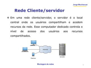Montagem de redes
Jorge Muchacuar
Rede Cliente/servidor
 Em uma rede cliente/servidor, o servidor é o local
central onde os usuários compartilham e acedem
recursos da rede. Esse computador dedicado controla o
nível de acesso dos usuários aos recursos
compartilhados.
13
 