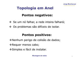 Jorge Muchacuar
Topologia em Anel
Montagem de redes
Pontos negativos:
 Se um nó falhar, a rede inteira falhará;
 Os problemas são difíceis de isolar.
Pontos positivos:
Nenhum perigo de colisão de dados;
Requer menos cabo;
Simples e fácil de instalar.
31
 