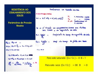 RESISTÊNCIA AO
CISALHAMENTO DOS
SOLOS
Parâmetros de Pressão
Neutra
Para solo saturado (Cv / Cc ) = 0 B = 1
Para solo seco (Cv / Cc ) 00 B 0
 