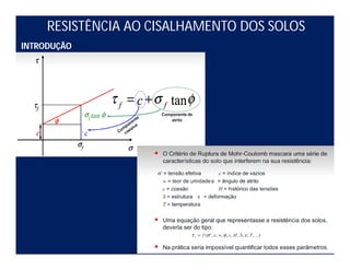 RESISTÊNCIA AO CISALHAMENTO DOS SOLOS
INTRODUÇÃO
 