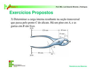 Exercícios Propostos
Aula 1 Prof. MSc. Luiz Eduardo Miranda J. Rodrigues
Resistência dos Materiais
3) Determinar a carga interna resultante na seção transversal
que passa pelo ponto C do alicate. Há um pino em A, e as
garras em B são lisas.
B
 