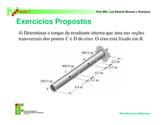 Exercícios Propostos
Aula 1 Prof. MSc. Luiz Eduardo Miranda J. Rodrigues
Resistência dos Materiais
4) Determinar o torque da resultante interna que atua nas seções
transversais dos pontos C e D do eixo. O eixo está fixado em B.
 