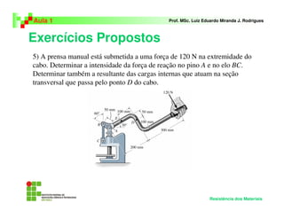 Exercícios Propostos
Aula 1 Prof. MSc. Luiz Eduardo Miranda J. Rodrigues
Resistência dos Materiais
5) A prensa manual está submetida a uma força de 120 N na extremidade do
cabo. Determinar a intensidade da força de reação no pino A e no elo BC.
Determinar também a resultante das cargas internas que atuam na seção
transversal que passa pelo ponto D do cabo.
 
