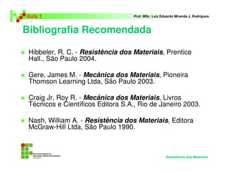 Bibliografia Recomendada
Hibbeler, R. C. - Resistência dos Materiais, Prentice
Hall., São Paulo 2004.
Gere, James M. - Mecânica dos Materiais, Pioneira
Thomson Learning Ltda, São Paulo 2003.
Craig Jr, Roy R. - Mecânica dos Materiais, Livros
Técnicos e Científicos Editora S.A., Rio de Janeiro 2003.
Nash, William A. - Resistência dos Materiais, Editora
McGraw-Hill Ltda, São Paulo 1990.
Aula 1 Prof. MSc. Luiz Eduardo Miranda J. Rodrigues
Resistência dos Materiais
 