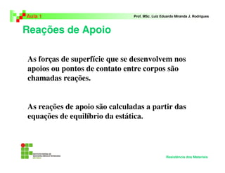 Reações de Apoio
Aula 1 Prof. MSc. Luiz Eduardo Miranda J. Rodrigues
Resistência dos Materiais
As forças de superfície que se desenvolvem nos
apoios ou pontos de contato entre corpos são
chamadas reações.
As reações de apoio são calculadas a partir das
equações de equilíbrio da estática.
 