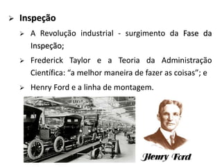  Inspeção
 A Revolução industrial - surgimento da Fase da
Inspeção;
 Frederick Taylor e a Teoria da Administração
Científica: “a melhor maneira de fazer as coisas”; e
 Henry Ford e a linha de montagem.
 