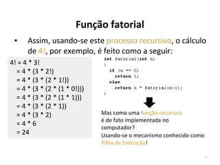 Função fatorial
▪

Assim, usando-se este processo recursivo, o cálculo
de 4!, por exemplo, é feito como a seguir:

4! = 4 * 3!
= 4 * (3 * 2!)
= 4 * (3 * (2 * 1!))
= 4 * (3 * (2 * (1 * 0!)))
= 4 * (3 * (2 * (1 * 1)))
= 4 * (3 * (2 * 1))
= 4 * (3 * 2)
=4*6
= 24

Mas como uma função recursiva
é de fato implementada no
computador?
Usando-se o mecanismo conhecido como
Pilha de Execução!
*

 