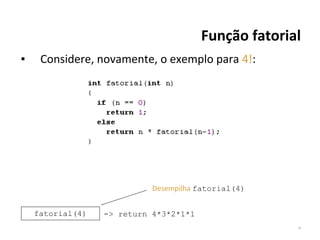 Função fatorial
▪

Considere, novamente, o exemplo para 4!:

Desempilha fatorial(4)
fatorial(4)

-> return 4*3*2*1*1
*

 