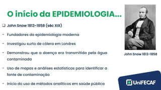 O início da EPIDEMIOLOGIA...
❑ John Snow 1813-1858 (séc XIX)
- Fundadores da epidemiologia moderna
- Investigou surto de cólera em Londres
- Demonstrou que a doença era transmitida pela água
contaminada
- Uso de mapas e análises estatísticas para identificar a
fonte de contaminação
- Início do uso de métodos analíticos em saúde pública
John Snow 1813-1858
 