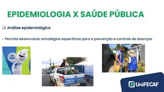 EPIDEMIOLOGIA X SAÚDE PÚBLICA
❑ Análise epidemiológica
- Permite desenvolver estratégias específicas para a prevenção e controle de doenças
 