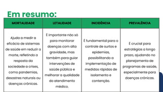 Em resumo:
Ajuda a medir a
eficácia de sistemas
de saúde em reduzir a
morte, refletindo a
resposta da
sociedade a crises,
como pandemias,
desastres naturais ou
doenças crônicas.
É importante não só
para monitorar
doenças com alta
gravidade, mas
também para guiar
intervenções de
saúde pública e
melhorar a qualidade
do atendimento
médico.
É fundamental para o
controle de surtos e
epidemias,
possibilitando a
implementação de
medidas rápidas de
isolamento e
contenção.
É crucial para
estratégias a longo
prazo, ajudando no
planejamento de
programas de saúde,
especialmente para
doenças crônicas.
MORTALIDADE LETALIDADE INCIDÊNCIA PREVALÊNCIA
 