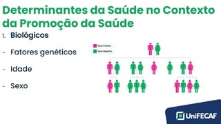 Determinantes da Saúde no Contexto
da Promoção da Saúde
1. Biológicos
- Fatores genéticos
- Idade
- Sexo
 