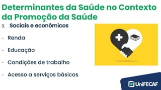 Determinantes da Saúde no Contexto
da Promoção da Saúde
3. Sociais e econômicos
- Renda
- Educação
- Condições de trabalho
- Acesso a serviços básicos
 