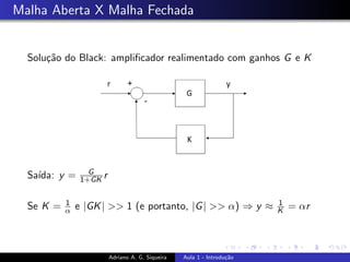 Malha Aberta X Malha Fechada
Solução do Black: amplificador realimentado com ganhos G e K
Saı́da: y = G
1+GK r
Se K = 1
α e |GK| >> 1 (e portanto, |G| >> α) ⇒ y ≈ 1
K = αr
Adriano A. G. Siqueira Aula 1 - Introdução
 