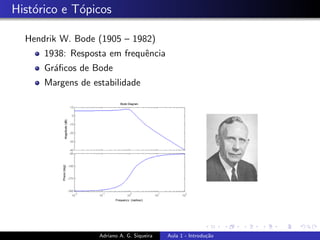 Histórico e Tópicos
Hendrik W. Bode (1905 – 1982)
1938: Resposta em frequência
Gráficos de Bode
Margens de estabilidade
Adriano A. G. Siqueira Aula 1 - Introdução
 