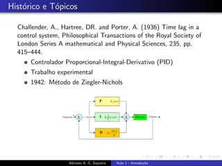 Histórico e Tópicos
Challender, A., Hartree, DR. and Porter, A. (1936) Time lag in a
control system, Philosophical Transactions of the Royal Society of
London Series A mathematical and Physical Sciences, 235, pp.
415–444.
Controlador Proporcional-Integral-Derivativo (PID)
Trabalho experimental
1942: Método de Ziegler-Nichols
Adriano A. G. Siqueira Aula 1 - Introdução
 