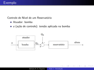 Exemplo
Controle de Nı́vel de um Reservatório
Atuador: bomba
u (ação de controle): tensão aplicada na bomba
Adriano A. G. Siqueira Aula 1 - Introdução
 
