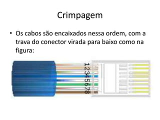 Crimpagem
• Os cabos são encaixados nessa ordem, com a
trava do conector virada para baixo como na
figura:

 