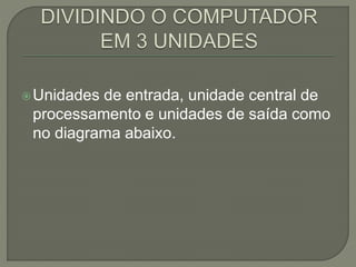 Unidades de entrada, unidade central de
processamento e unidades de saída como
no diagrama abaixo.
 