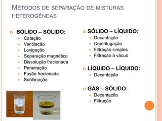 MÉTODOS DE SEPARAÇÃO DE MISTURAS
HETEROGÊNEAS
 SÓLIDO – SÓLIDO:
 Catação
 Ventilação
 Levigação
 Separação magnética
 Dissolução fracionada
 Peneiração
 Fusão fracionada
 Sublimação
 SÓLIDO – LÍQUIDO:
 Decantação
 Centrifugação
 Filtração simples
 Filtração à vácuo
 LÍQUIDO – LÍQUIDO:
 Decantação
 GÁS – SÓLIDO:
 Decantação
 Filtração
 