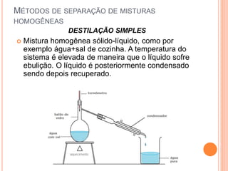  Mistura homogênea sólido-líquido, como por
exemplo água+sal de cozinha. A temperatura do
sistema é elevada de maneira que o líquido sofre
ebulição. O líquido é posteriormente condensado
sendo depois recuperado.
DESTILAÇÃO SIMPLES
MÉTODOS DE SEPARAÇÃO DE MISTURAS
HOMOGÊNEAS
 