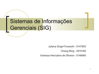 Sistemas de Informações
Gerenciais (SIG)


                  Juliana Grigol Fonsechi - 5147903
                            Chang Ming - 4915182
           Vanessa Herculano de Oliveira - 5146840




                                                      1
 