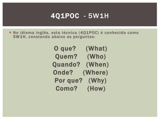 4Q1POC - 5W1H 
 No idioma inglês, esta técnica (4Q1POC) é conhecida como 
5W1H, constando abaixo as perguntas: 
O que? (What) 
Quem? (Who) 
Quando? (When) 
Onde? (Where) 
Por que? (Why) 
Como? (How) 
 