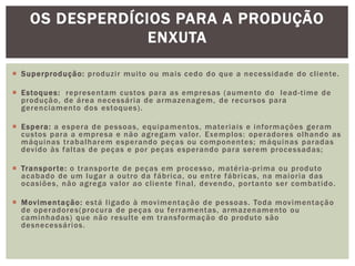OS DESPERDÍCIOS PARA A PRODUÇÃO 
ENXUTA 
 Superprodução: produzi r mui to ou mais cedo do que a necessidade do cl iente. 
 Estoques: representam custos para as empresas (aumento do lead- t ime de 
produção, de área necessár ia de armazenagem, de recursos para 
gerenciamento dos estoques) . 
 Espera: a espera de pessoas, equipamentos, mater iais e informações geram 
custos para a empresa e não agregam valor. Exemplos: operadores olhando as 
máquinas t rabalharem esperando peças ou componentes; máquinas paradas 
devido às fal tas de peças e por peças esperando para serem processadas; 
 Transpor te: o t ranspor te de peças em processo, matér ia-pr ima ou produto 
acabado de um lugar a out ro da fábr ica, ou ent re fábr icas, na maior ia das 
ocasiões, não agrega valor ao cl iente f inal , devendo, por tanto ser combat ido. 
 Movimentação: está l igado à movimentação de pessoas. Toda movimentação 
de operadores(procura de peças ou fer ramentas, armazenamento ou 
caminhadas) que não resul te em t ransformação do produto são 
desnecessár ios. 
 