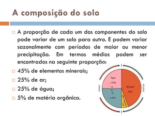A composição do solo








A proporção de cada um dos componentes do solo
pode variar de um solo para outro. E podem variar
sazonalmente com períodos de maior ou menor
precipitação. Em termos médios podem ser
encontrados na seguinte proporção:
45% de elementos minerais;
25% de ar;
25% de água;
5% de matéria orgânica.

 