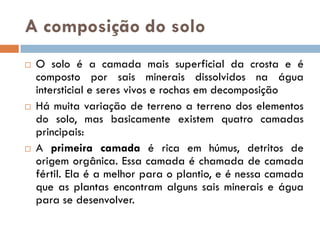 A composição do solo






O solo é a camada mais superficial da crosta e é
composto por sais minerais dissolvidos na água
intersticial e seres vivos e rochas em decomposição
Há muita variação de terreno a terreno dos elementos
do solo, mas basicamente existem quatro camadas
principais:
A primeira camada é rica em húmus, detritos de
origem orgânica. Essa camada é chamada de camada
fértil. Ela é a melhor para o plantio, e é nessa camada
que as plantas encontram alguns sais minerais e água
para se desenvolver.

 