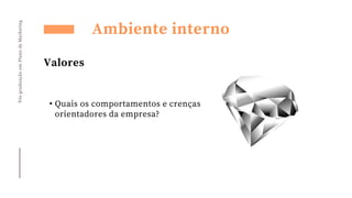 Pós-graduação
em
Plano
de
Marketing
• Quais os comportamentos e crenças
orientadores da empresa?
Ambiente interno
Valores
 