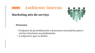 Pós-graduação
em
Plano
de
Marketing
Ambiente interno
Marketing mix do serviço
Processos
• Conjunto de procedimentos e processos necessários para o
serviço funcionar acertadamente.
• A empresa é que os define.
 