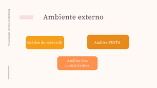 Pós-graduação
em
Plano
de
Marketing
Ambiente externo
Análise de mercado Análise PESTA
Análise dos
concorrentes
 