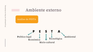 Pós-graduação
em
Plano
de
Marketing
Ambiente externo
Análise de PESTA
P E S T A
Político-legal
Económica
Sócio-cultural
Tecnológica
Ambiental
 