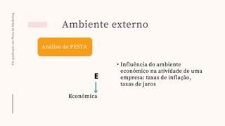 Pós-graduação
em
Plano
de
Marketing
Ambiente externo
Análise de PESTA
E
Económica
• Influência do ambiente
económico na atividade de uma
empresa: taxas de inflação,
taxas de juros
 