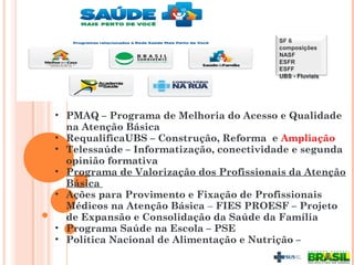 • PMAQ – Programa de Melhoria do Acesso e Qualidade
na Atenção Básica
• RequalificaUBS – Construção, Reforma e Ampliação
• Telessaúde – Informatização, conectividade e segunda
opinião formativa
• Programa de Valorização dos Profissionais da Atenção
Básica
• Ações para Provimento e Fixação de Profissionais
Médicos na Atenção Básica – FIES PROESF – Projeto
de Expansão e Consolidação da Saúde da Família
• Programa Saúde na Escola – PSE
• Política Nacional de Alimentação e Nutrição –
SF 6
composições
NASF
ESFR
ESFF
UBS - Fluviais
 