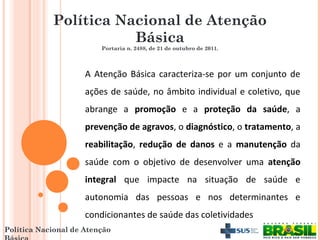 Política Nacional de Atenção
A Atenção Básica caracteriza-se por um conjunto de
ações de saúde, no âmbito individual e coletivo, que
abrange a promoção e a proteção da saúde, a
prevenção de agravos, o diagnóstico, o tratamento, a
reabilitação, redução de danos e a manutenção da
saúde com o objetivo de desenvolver uma atenção
integral que impacte na situação de saúde e
autonomia das pessoas e nos determinantes e
condicionantes de saúde das coletividades
Política Nacional de Atenção
Básica
Portaria n. 2488, de 21 de outubro de 2011.
 