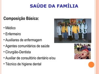 Composição Básica:
• Médico
• Enfermeiro
• Auxiliares de enfermagem
• Agentes comunitários de saúde
• Cirurgião-Dentista
• Auxiliar de consultório dentário e/ou
• Técnico de higiene dental
SAÚDE DA FAMÍLIA
 