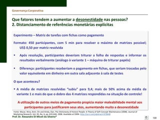 Governança Corporativa

Que fatores tendem a aumentar a desonestidade nas pessoas?
2. Distanciamento de referências monetárias explícitas
Experimento – Matriz de tarefas com fichas como pagamento

Formato: 450 participantes, com 5 min para resolver o máximo de matrizes possível;
US$ 0,50 por matriz resolvida


Após resolução, participantes deveriam triturar a folha de respostas e informar os
resultados verbalmente (análogo à variante 1 – máquina de triturar papéis)



Diferença: participantes receberiam o pagamento em fichas, que seriam trocadas pelo
valor equivalente em dinheiro em outra sala adjacente à sala de testes

O que aconteceu?
 A média de matrizes resolvidas “subiu” para 9,4; mais de 50% acima da média da
variante 1 e mais do que o dobro das 4 matrizes respondidas na situação de controle!
A utilização de outros meios de pagamento propicia maior maleabilidade mental aos
participantes para justificarem seus atos, aumentando muito a desonestidade
Fonte: Mazar, Nina, Amir, On and Ariely, Dan, The Dishonesty of Honest People: A Theory of Self-Concept Maintenance (2008). Journal of
Marketing Research, Vol. 45, No. 6, pp. 633-644, 2008. Available at SSRN: http://ssrn.com/abstract=979648

Prof. Dr. Alexandre Di Miceli da Silveira®

100

 