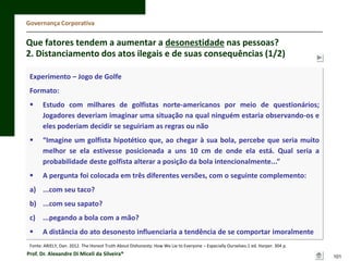 Governança Corporativa

Que fatores tendem a aumentar a desonestidade nas pessoas?
2. Distanciamento dos atos ilegais e de suas consequências (1/2)
Experimento – Jogo de Golfe

Formato:


Estudo com milhares de golfistas norte-americanos por meio de questionários;
Jogadores deveriam imaginar uma situação na qual ninguém estaria observando-os e
eles poderiam decidir se seguiriam as regras ou não



“Imagine um golfista hipotético que, ao chegar à sua bola, percebe que seria muito
melhor se ela estivesse posicionada a uns 10 cm de onde ela está. Qual seria a
probabilidade deste golfista alterar a posição da bola intencionalmente...”



A pergunta foi colocada em três diferentes versões, com o seguinte complemento:

a) ...com seu taco?
b) ...com seu sapato?
c) ...pegando a bola com a mão?


A distância do ato desonesto influenciaria a tendência de se comportar imoralmente

Fonte: ARIELY, Dan. 2012. The Honest Truth About Dishonesty: How We Lie to Everyone – Especially Ourselves.1 ed. Harper. 304 p.

Prof. Dr. Alexandre Di Miceli da Silveira®

101

 
