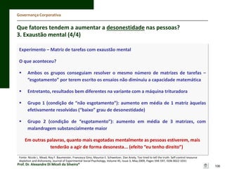 Governança Corporativa

Que fatores tendem a aumentar a desonestidade nas pessoas?
3. Exaustão mental (4/4)
Experimento – Matriz de tarefas com exaustão mental
O que aconteceu?


Ambos os grupos conseguiam resolver o mesmo número de matrizes de tarefas –
“esgotamento” por terem escrito os ensaios não diminuiu a capacidade matemática



Entretanto, resultados bem diferentes na variante com a máquina trituradora



Grupo 1 (condição de “não esgotamento”): aumento em média de 1 matriz àquelas
efetivamente resolvidas (“baixo” grau de desonestidade)



Grupo 2 (condição de “esgotamento”): aumento em média de 3 matrizes, com
malandragem substancialmente maior
Em outras palavras, quanto mais esgotadas mentalmente as pessoas estiverem, mais
tenderão a agir de forma desonesta... (efeito “eu tenho direito”)

Fonte: Nicole L. Mead, Roy F. Baumeister, Francesca Gino, Maurice E. Schweitzer, Dan Ariely, Too tired to tell the truth: Self-control resource
depletion and dishonesty, Journal of Experimental Social Psychology, Volume 45, Issue 3, May 2009, Pages 594-597, ISSN 0022-1031

Prof. Dr. Alexandre Di Miceli da Silveira®

106

 