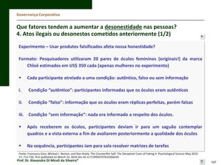 Governança Corporativa

Que fatores tendem a aumentar a desonestidade nas pessoas?
4. Atos ilegais ou desonestos cometidos anteriormente (1/2)
Experimento – Usar produtos falsificados afeta nossa honestidade?
Formato: Pesquisadores utilizaram 20 pares de óculos femininos (originais!) da marca
Chloé estimados em US$ 350 cada (apenas mulheres no experimento)


Cada participante atrelado a uma condição: autêntico, falso ou sem informação

i.

Condição “autêntico”: participantes informadas que os óculos eram autênticos

ii.

Condição “falso”: informação que os óculos eram réplicas perfeitas, porém falsas

iii. Condição “sem informação”: nada era informado a respeito dos óculos.


Após receberem os óculos, participantes deviam ir para um saguão contemplar
quadros e a vista externa a fim de avaliarem posteriormente a qualidade dos óculos



Na sequência, participantes iam para sala resolver matrizes de tarefas

Fonte: Francesca Gino, Michael I. Norton, and Dan Ariely. The Counterfeit Self: The Deceptive Costs of Faking It. Psychological Science May 2010
21: 712-720, first published on March 23, 2010 doi:10.1177/0956797610366545

Prof. Dr. Alexandre Di Miceli da Silveira®

107

 